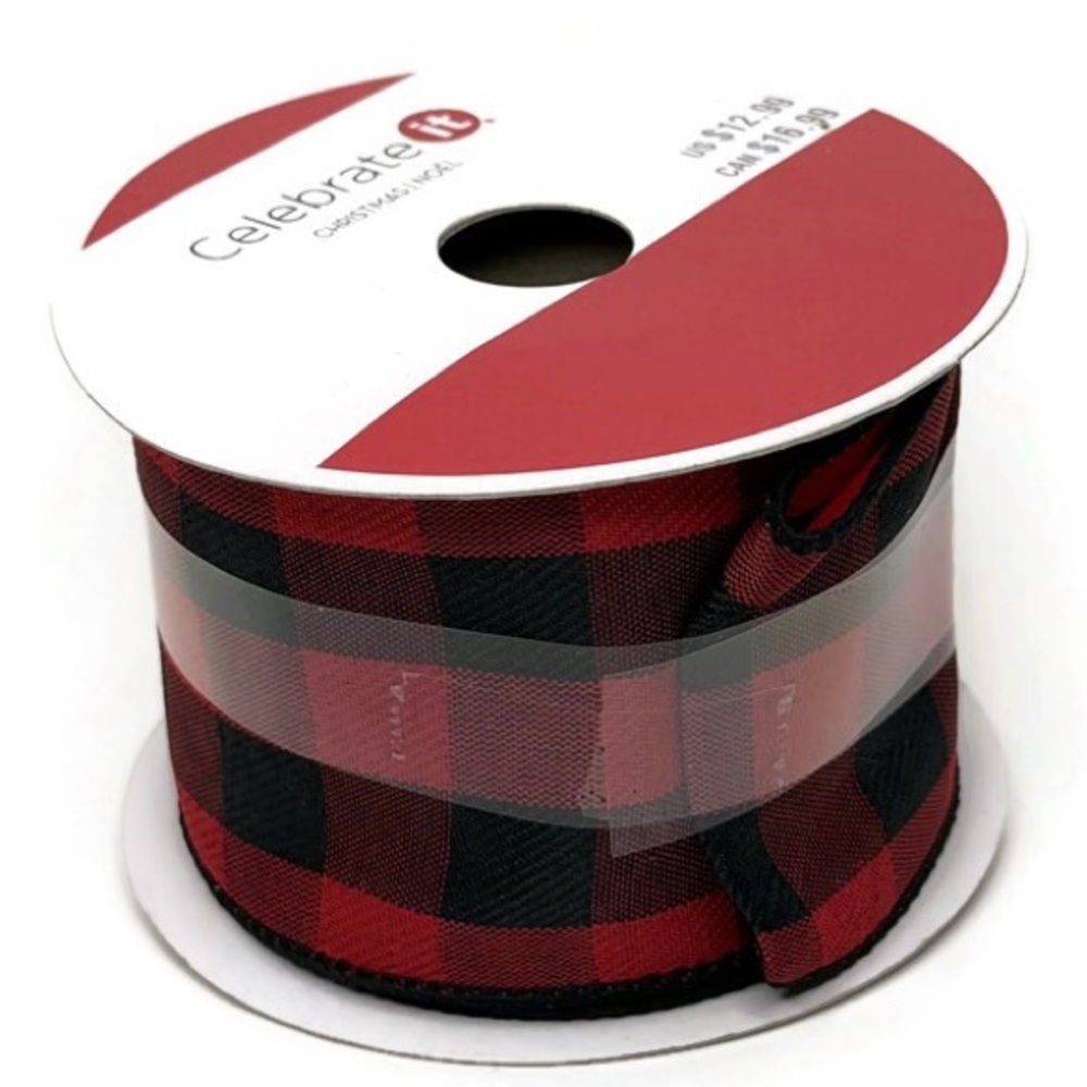 Buffalo Check Plaid Black Red Wired Ribbon 2 1/2” Wide